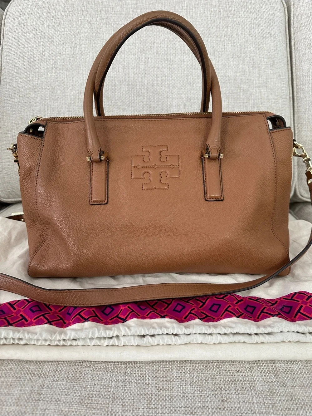 Tory Burch Chestnut Leather Satchel with Embossed Logo - Picture 1 of 5